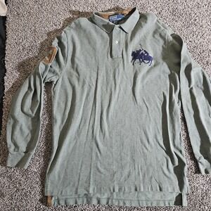 Polo Ralph Lauren Long Sleeve Polo Shirt XL Green Leather Trim Double Pony Patch